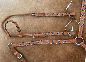 Showman Argentina cow harness Leather one ear headstall and breast collar set with cheetah print lacing 14529