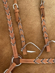 Showman Argentina cow harness Leather one ear headstall and breast collar set with cheetah print lacing 14529