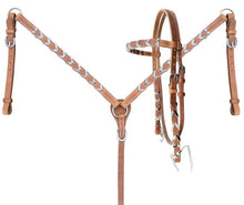 Load image into Gallery viewer, Showman Argentina Leather browband headstall and breast collar set with hair on cowhide lacing 14552