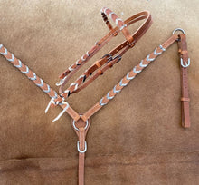 Load image into Gallery viewer, Showman Argentina Leather browband headstall and breast collar set with hair on cowhide lacing 14552
